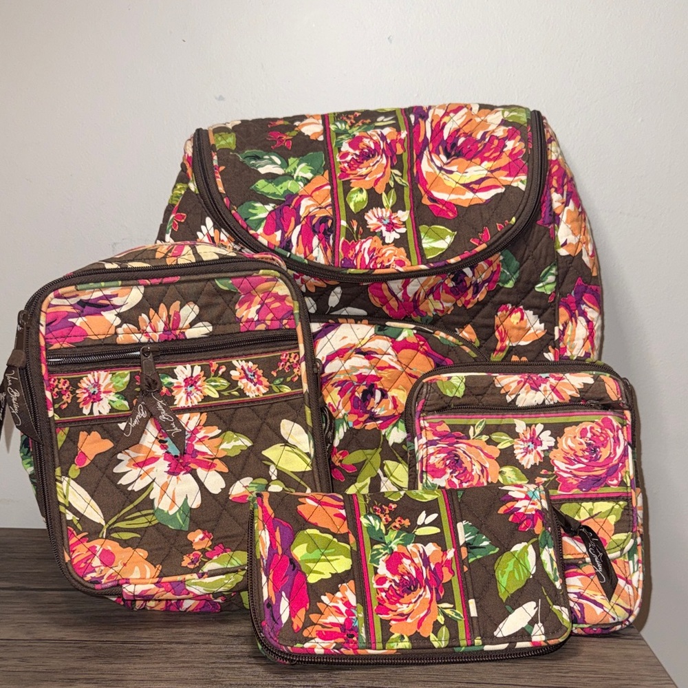 Vera Bradley Floral Backpack and Wallet Set - Brown and Multicolor